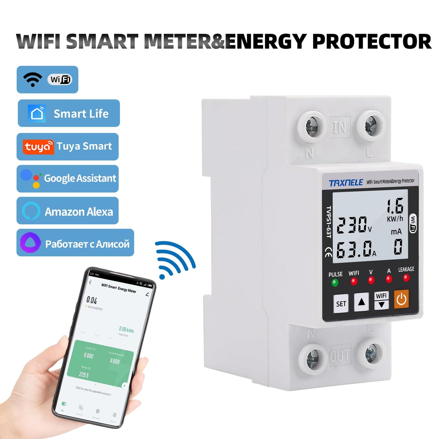 Protector de Voltaje Monofasico Wi-Fi AC 63A 80-300V