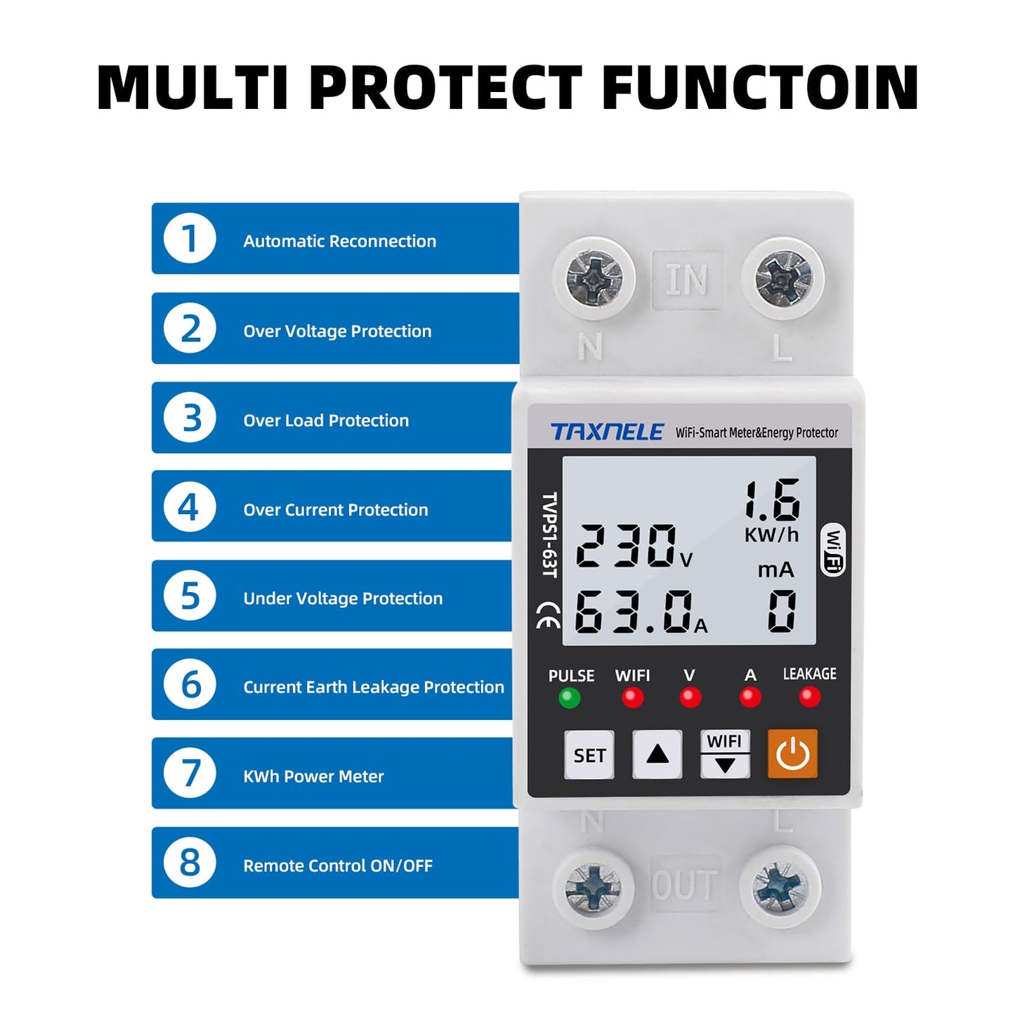 Protector de Voltaje Monofasico Wi-Fi AC 63A 80-300V